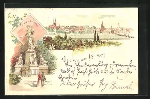 Lithographie Basel, St. Jacobs Denkmal, Gesamtansicht