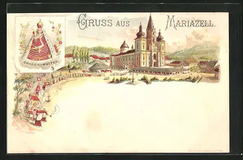 Lithographie Mariazell, Gläubige auf dem Weg aus der Kirche, Gnaden-Mutter