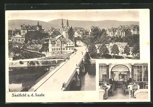 AK Saalfeld a. d. Saale, Bahnhofswirtschaft, Innenansicht, Teilansicht mit Brücke