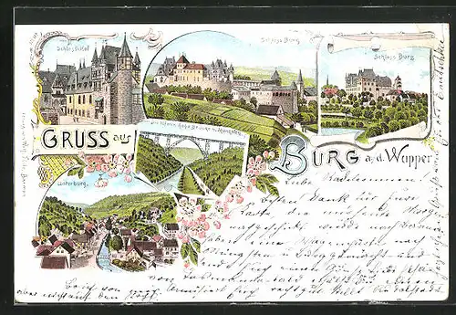 Lithographie Burg a. d. Wupper, Schloss-Hof, Schloss Burg, Unterburg
