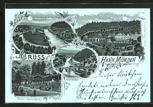 Mondschein-Lithographie Hann-Münden, Pension Andrees Berg, Zusammenfluss der Werra und Fulda Entstehung der Weser