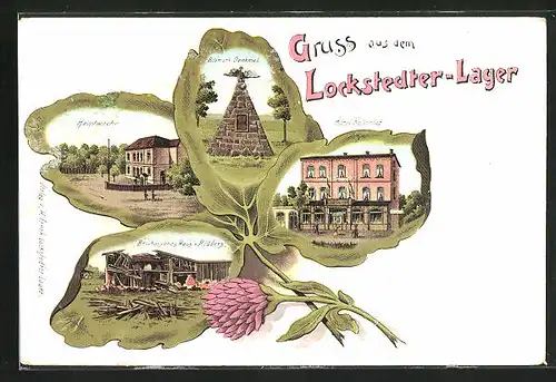 Passepartout-Lithographie Lockstedter-Lager, Hotel Kaiserhof, Beschossenes Haus v. Ridders, Bismarck-Denkmal