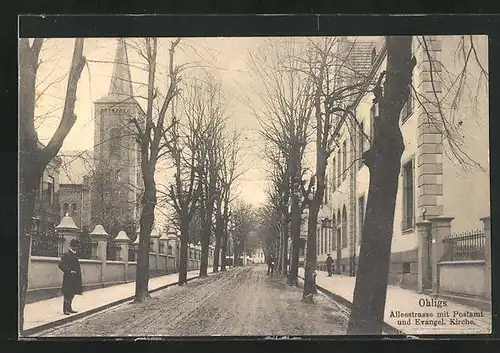 AK Ohligs, Alleestrasse mit Postamt und Evangelischer Kirche