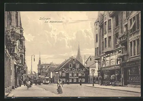 AK Solingen, Am Mühlenplatz mit Café Höfken und Gasthaus Mühlenplätzchen, Strassenbahn