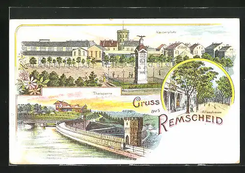 Lithographie Remscheid, Kaiserplatz, Thalsperre, Alleestrasse