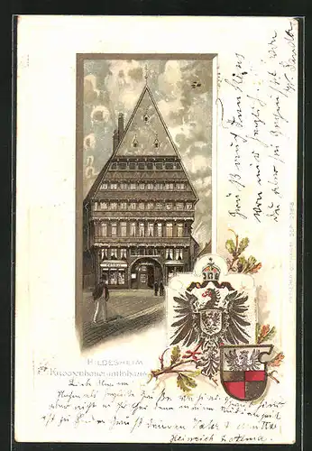 Passepartout-Lithographie Hildesheim, Knochenhaueramtshaus mit Wappen