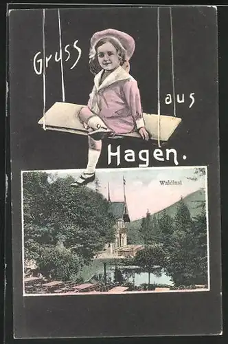 AK Hagen, Hotel & Restaurant Waldlust, Mädchen auf einer Schaukel