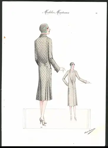 Modeentwurf Art Deco 1930, Modeles Manteaux, Model im Mantel mit Muster, Lithographie Atelier Bachwitz, Wien