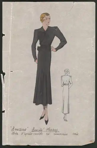 Modeentwurf Art Deco 1934, Dame im eleganten dunkelen Kleid, Lithographie Atelier Bachwitz, Wien