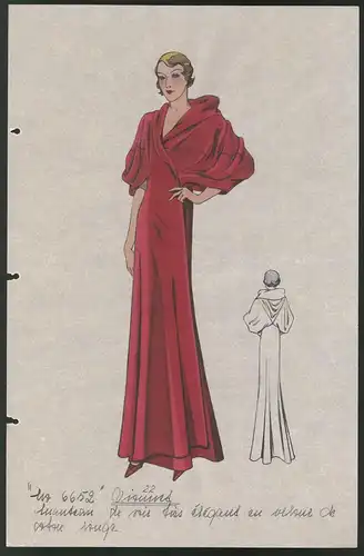 Modeentwurf Art Deco 1934, Blondine im eleganten roten Abendkleid, Lithographie Atelier Bachwitz, Wien