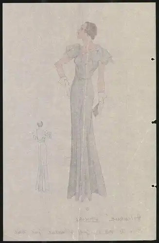 Modeentwurf Art Deco 1934, Dame im grauen Abendkleid ohne Ärmel, Lithographie Atelier Bachwitz, Wien