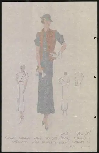Modeentwurf Art Deco 1934, Dame im blauen kleid mit Weste, Lithographie Atelier Bachwitz, Wien