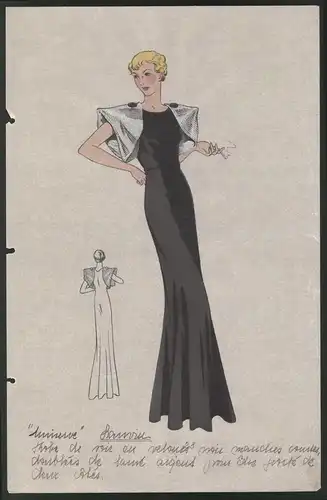 Modeentwurf Art Deco 1934, Blondine im schwarzen Kleid mit grossem Ärmelausschnitt, Lithographie Atelier Bachwitz, Wien