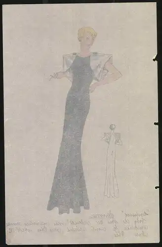 Modeentwurf Art Deco 1934, Blondine im schwarzen Kleid mit grossem Ärmelausschnitt, Lithographie Atelier Bachwitz, Wien