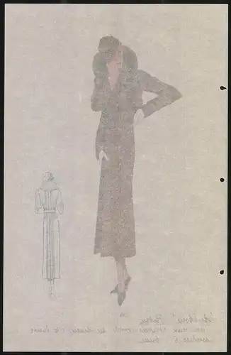 Modeentwurf Art Deco 1934, Dame mit Pelzstola im brauen Mantlel, Lithographie Atelier Bachwitz, Wien