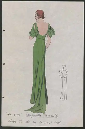 Modeentwurf Art Deco 1934, Dame im grünen Rückenfreien Abendkleidt, Lithographie Atelier Bachwitz, Wien