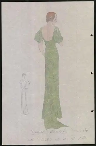 Modeentwurf Art Deco 1934, Dame im grünen Rückenfreien Abendkleidt, Lithographie Atelier Bachwitz, Wien