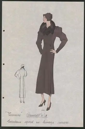 Modeentwurf Art Deco 1934, Dame im Mantel mit verziertem Kragen, Lithographie Atelier Bachwitz, Wien