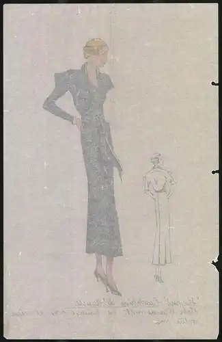 Modeentwurf Art Deco 1934, Blonde Dame trägt Ensemble einer Marine Uniform, Lithographie Atelier Bachwitz, Wien