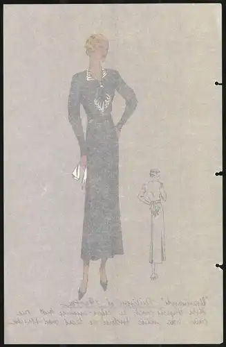 Modeentwurf Art Deco 1934, Edeldame im Zweiteiler mit Halstuch, Lithographie Atelier Bachwitz, Wien
