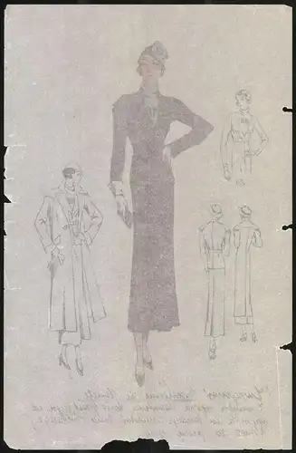 Modeentwurf Art Deco 1934, Blonde Dame mit Hut im braunen Mantel, Lithographie Atelier Bachwitz, Wien