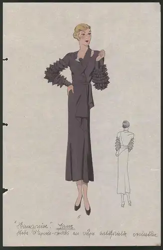 Modeentwurf Art Deco 1934, Blonde Dame im Kleid mit Puffärmeln, Lithographie Atelier Bachwitz, Wien