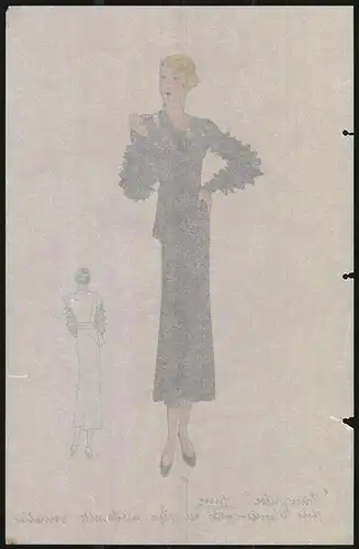 Modeentwurf Art Deco 1934, Blonde Dame im Kleid mit Puffärmeln, Lithographie Atelier Bachwitz, Wien