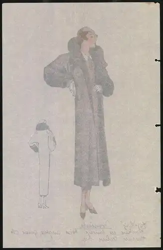 Modeentwurf Art Deco 1934, Dame trägt Wintermantel mit Pelzbesatz, Lithographie Atelier Bachwitz, Wien