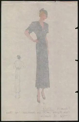 Modeentwurf Art Deco 1934, Blondine im Kleid mit Schlaufenverschluss, Lithographie Atelier Bachwitz, Wien