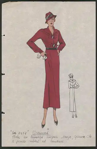 Modeentwurf Art Deco 1934, Dame im roten Kleid mit Schnallenverschluss, Lithographie Atelier Bachwitz, Wien