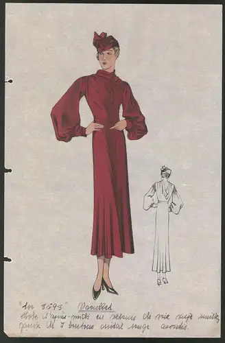 Modeentwurf Art Deco 1934, Blondine trägt Ensemble in Bordeaux-Rot, Lithographie Atelier Bachwitz, Wien
