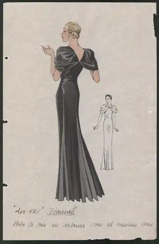 Modeentwurf Art Deco 1934, Dame im schwarzen Abendkleid, Lithographie Atelier Bachwitz, Wien