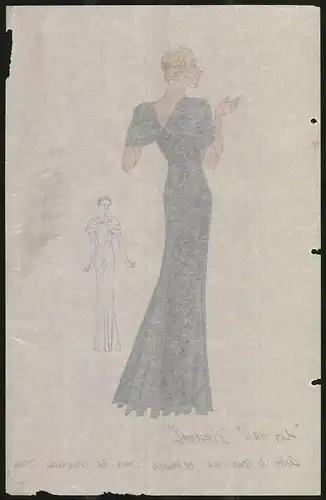 Modeentwurf Art Deco 1934, Dame im schwarzen Abendkleid, Lithographie Atelier Bachwitz, Wien