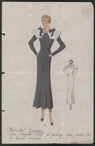 Modeentwurf Art Deco 1934, Model im Kleid mit Schulteraufsätzen, Lithographie Atelier Bachwitz, Wien