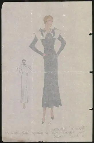 Modeentwurf Art Deco 1934, Model im Kleid mit Schulteraufsätzen, Lithographie Atelier Bachwitz, Wien