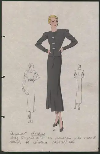 Modeentwurf Art Deco 1934, Dame im Zweiteiler mit langen Ärmeln, Lithographie Atelier Bachwitz, Wien