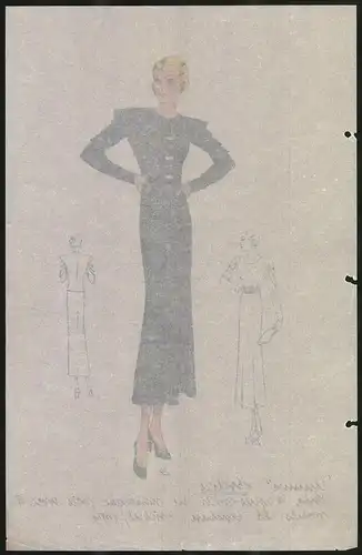 Modeentwurf Art Deco 1934, Dame im Zweiteiler mit langen Ärmeln, Lithographie Atelier Bachwitz, Wien