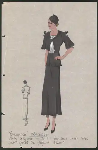 Modeentwurf Art Deco 1934, Dame trägt Oberteil mit Rüschen, Lithographie Atelier Bachwitz, Wien