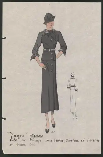 Modeentwurf Art Deco 1934, Dame im Kleid mit gestreiften Deko Elementen, Lithographie Atelier Bachwitz, Wien