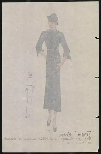 Modeentwurf Art Deco 1934, Dame im Kleid mit gestreiften Deko Elementen, Lithographie Atelier Bachwitz, Wien