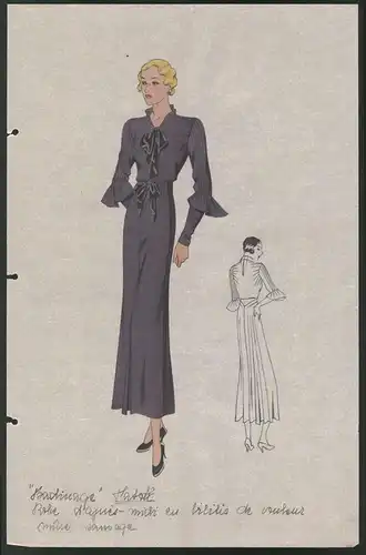 Modeentwurf Art Deco 1934, Dame im Pupur-Kleid mit Halstuch, Lithographie Atelier Bachwitz, Wien