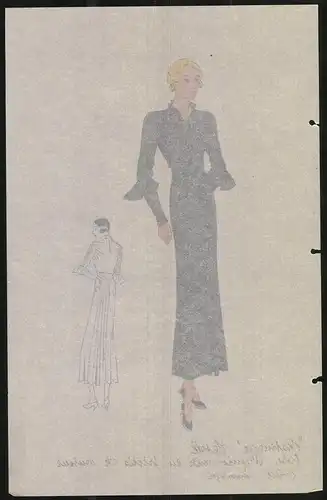 Modeentwurf Art Deco 1934, Dame im Pupur-Kleid mit Halstuch, Lithographie Atelier Bachwitz, Wien