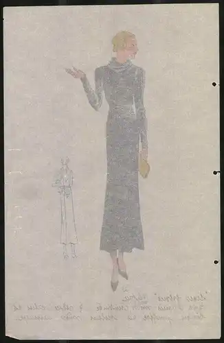 Modeentwurf Art Deco 1934, Dame im langen Pupur-Kleid, Lithographie Atelier Bachwitz, Wien