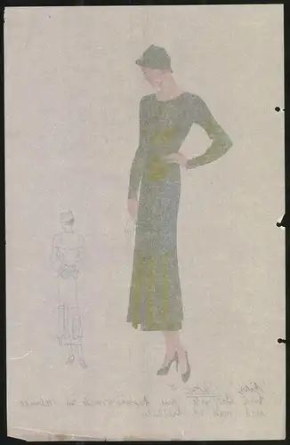 Modeentwurf Art Deco 1934, Model trägt grünes Ensemble mit Hut, Lithographie Atelier Bachwitz, Wien