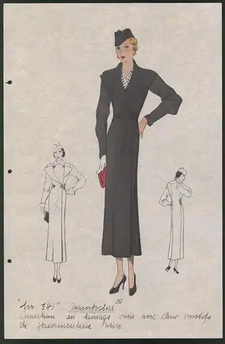 Modeentwurf Art Deco 1934, Dame trägt langen Mantel mit Knopfverschluss, Lithographie Atelier Bachwitz, Wien