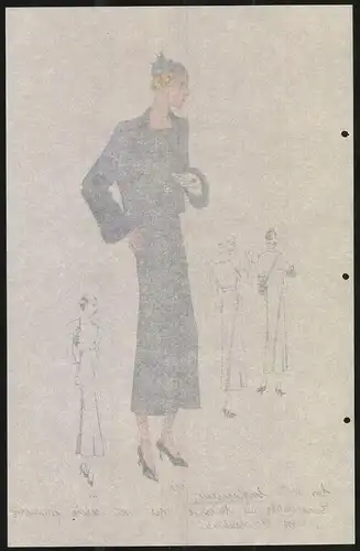 Modeentwurf Art Deco 1934, Dame trägt Oberteil mit pelzbesetzten Ärmeln, Lithographie Atelier Bachwitz, Wien