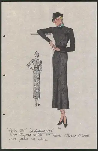 Modeentwurf Art Deco 1934, Blondine im grauen Kleid mit Fliege, Lithographie Atelier Bachwitz, Wien