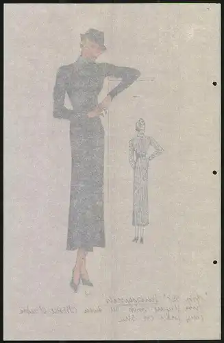 Modeentwurf Art Deco 1934, Blondine im grauen Kleid mit Fliege, Lithographie Atelier Bachwitz, Wien