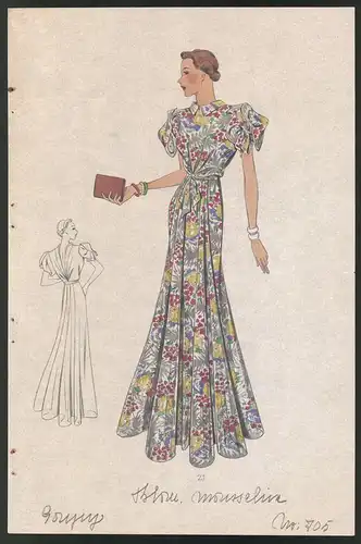 Modeentwurf Art Deco 1937, Dame im Frühlingskleid mit floralen Mustern, Lithographie Atelier Bachwitz, Wien