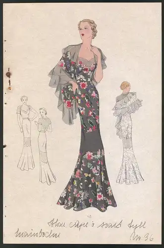 Modeentwurf Art Deco 1937, Blonde Dame im Abendkleid mit floraler Verzierung, Lithographie Atelier Bachwitz, Wien